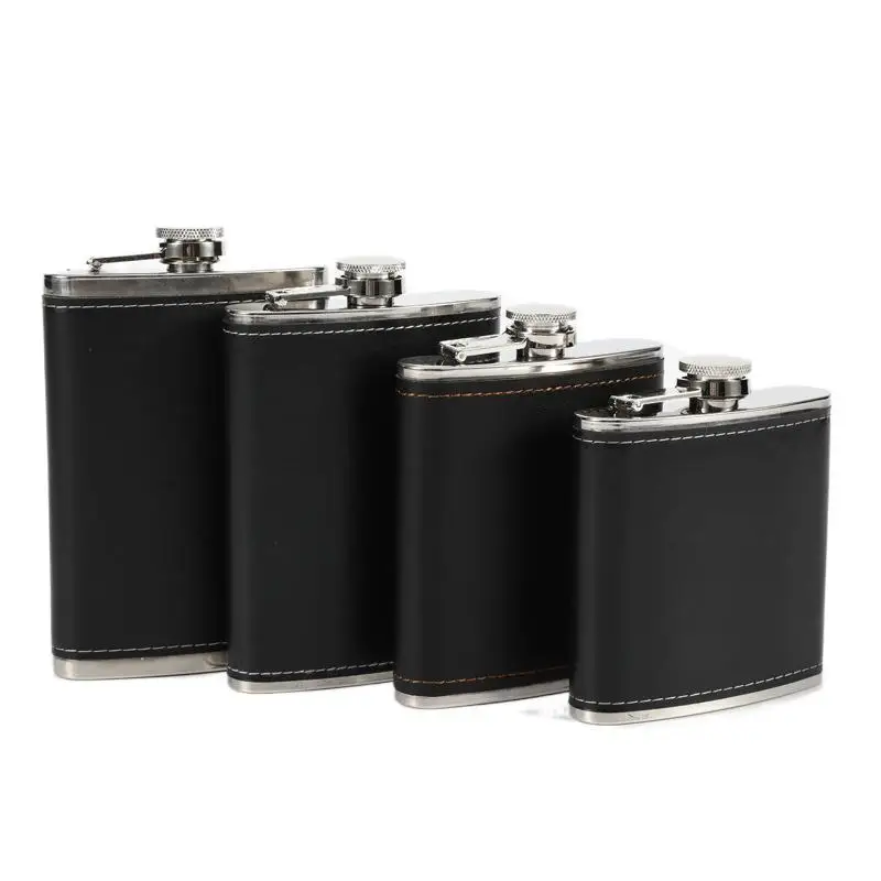 different size 6oz 7oz 8oz 9oz leather black stainless steel hip flask