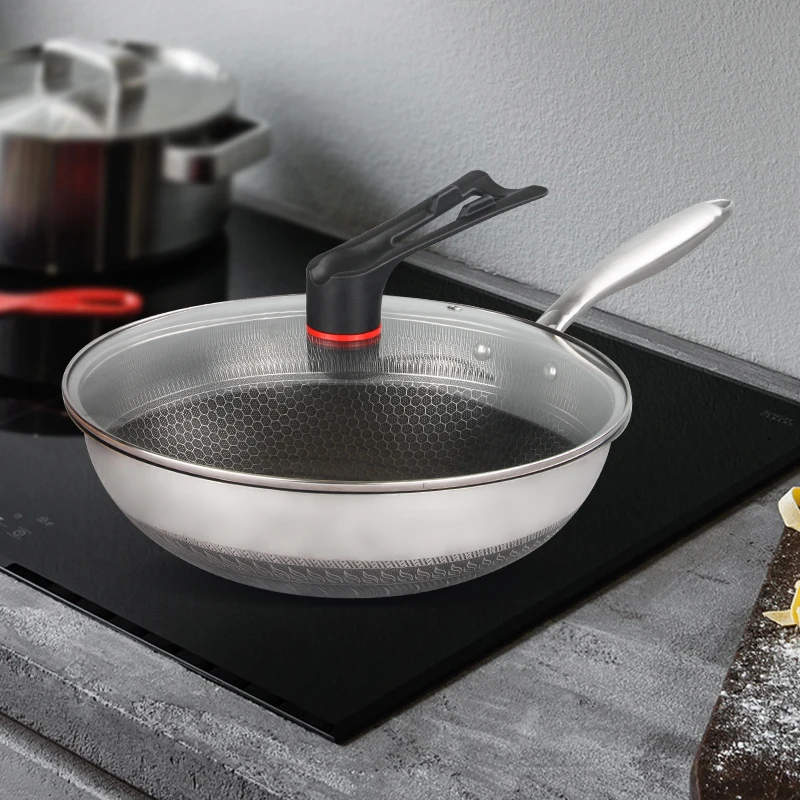 Good Quality Thickened Stainless Steel Wok Honeycomb Nonstick Frying Pan With Glass Lid