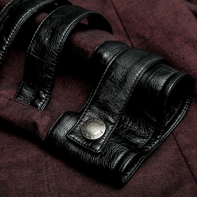 PUNK RAVE Y-753 Germany Soldierly Uniform Stand Collar  Delicate Loops PU Cuffs Men Dark Red Shirts