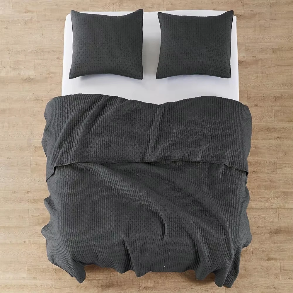 Cross Stitch Charcoal Quilt Set - 100_ Cotton - King_Cal King Quilt (106x92in.) + 2 King Shams (36x20in.) - Cotton Fabric
