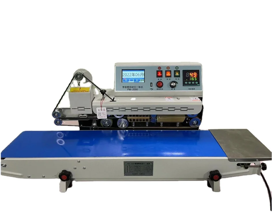 PM2000 Continuous Plastic Bag Band Sealer Expiry Date QR Code Barcode Printing Sealing Machine