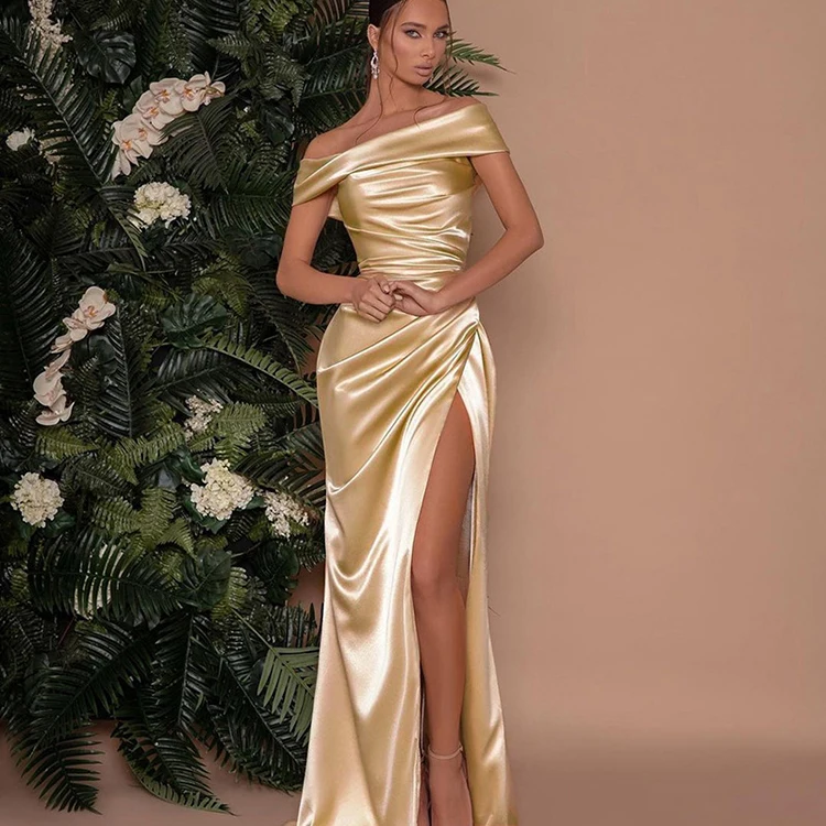 ZISE 2022 Wholesale Off Shoulder High Slit Elegant Satin Sexy Night Gown Prom Party Modest Long Gown Evening Dress For Women