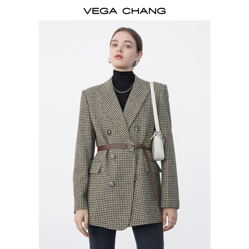 VEGA CHANG 2024 Winter Commuting Suit English Plaid Cotton clamping Waistline Vintage Premium  Woolen coat