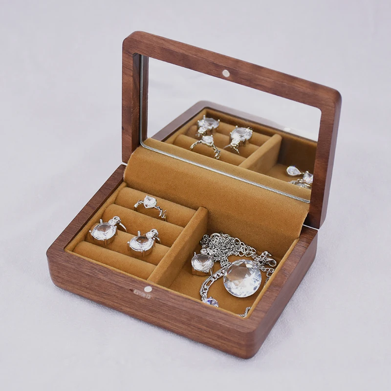 Ahsap Boite Emballages Cadeau Wood Jewellery boxes Ring necklace Wooden Mirror Travel Packaging Jewelry Case Stash Box
