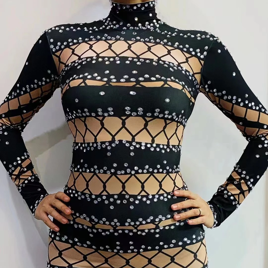 Silver Rhinestone Black Spandex Short Dress Women Dancer Show Bar Outfit Birthday Celebrate Evening Performance Dress