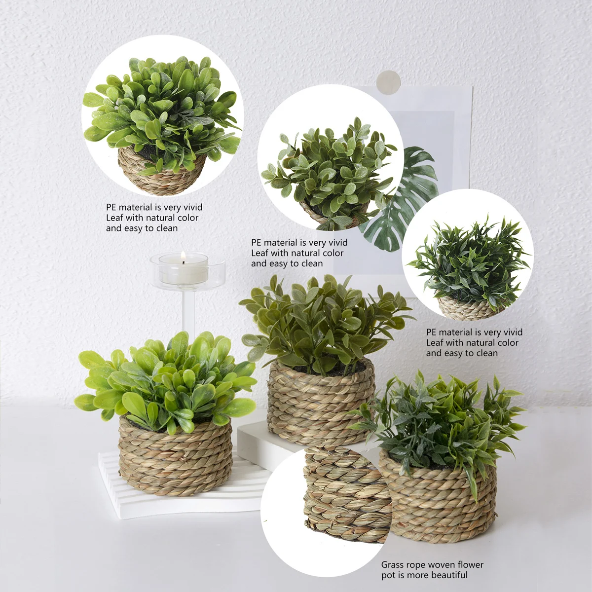 H202450-53 Greenery Plastic Small Rattan Weave Potted Plants Mini Bonsai Artificial Plants Mothers Day Gifts
