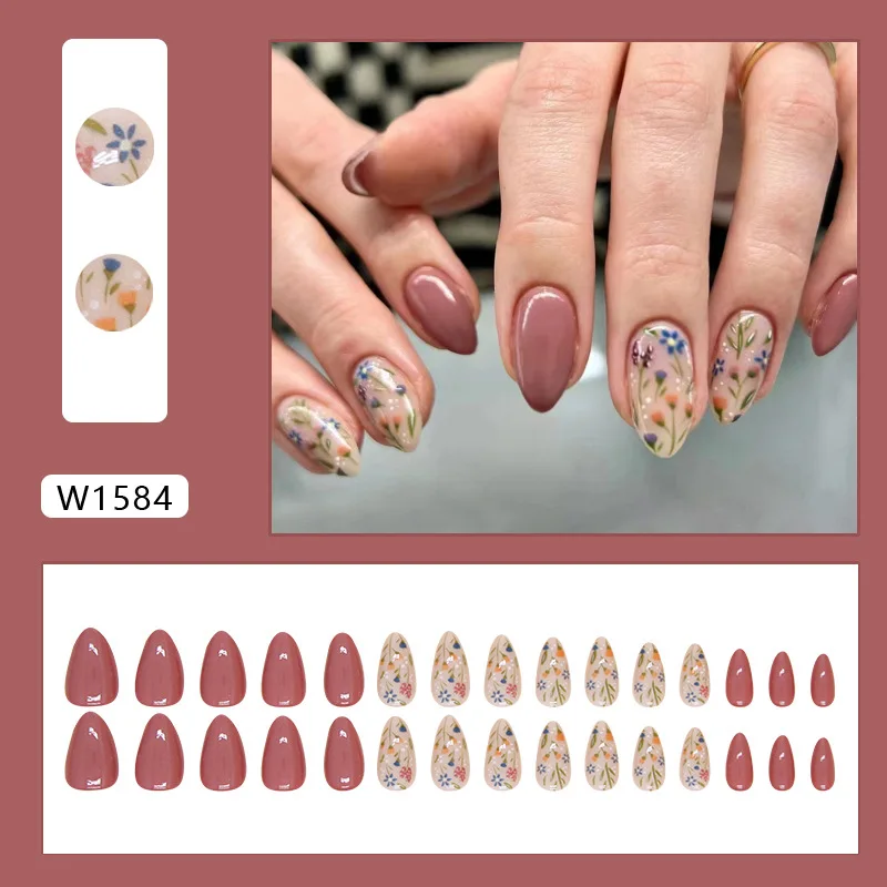 30pcs Bean Sand Small Flowers Almond Coffin Acrylic False Nails Set DIY Salon Faux Nails