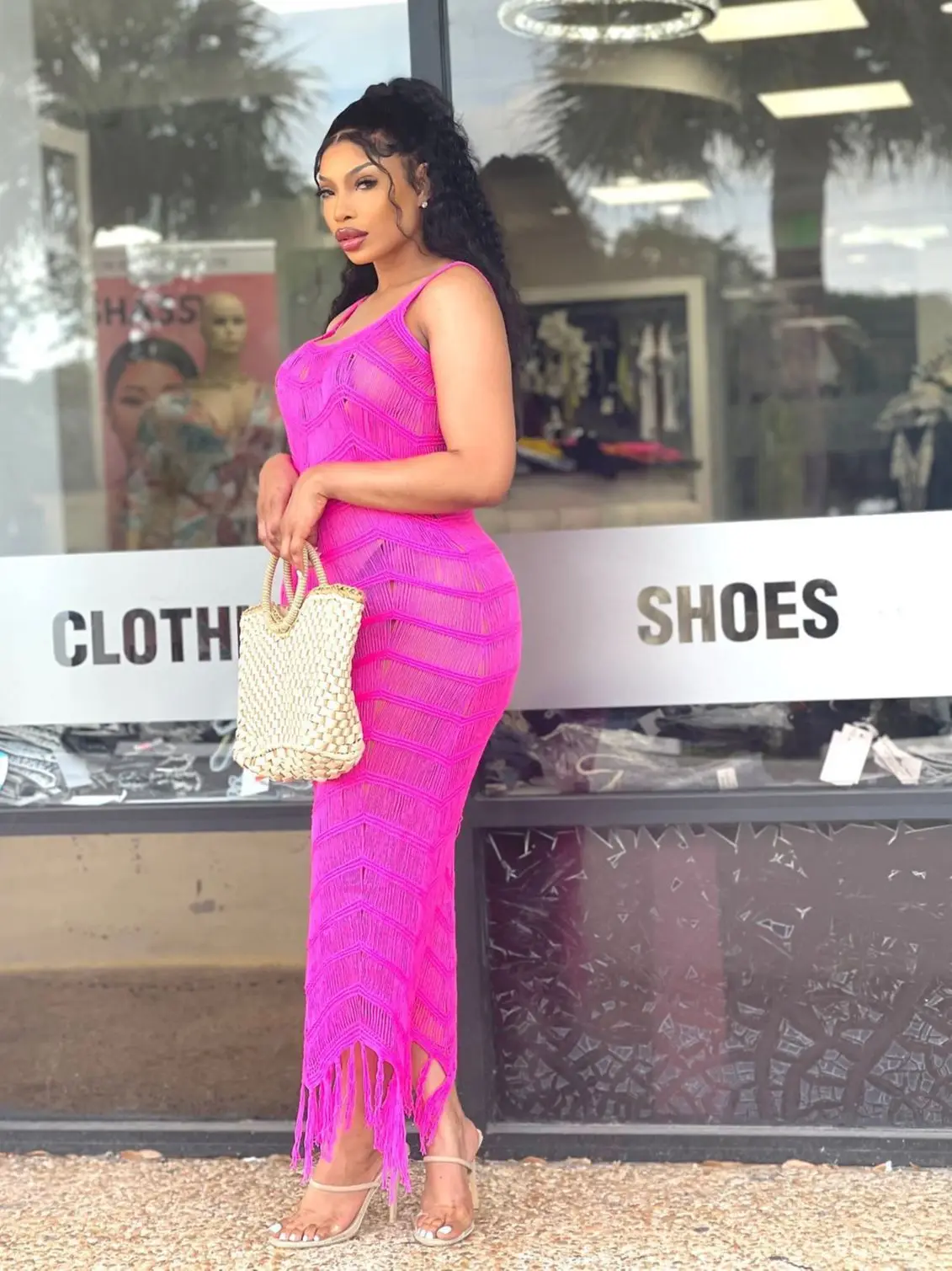 2023 Wholesale Sleeveless Tassel Knitted Women Dresses Hollow Out See Through Candy Color Bodycon Long Dresses Women