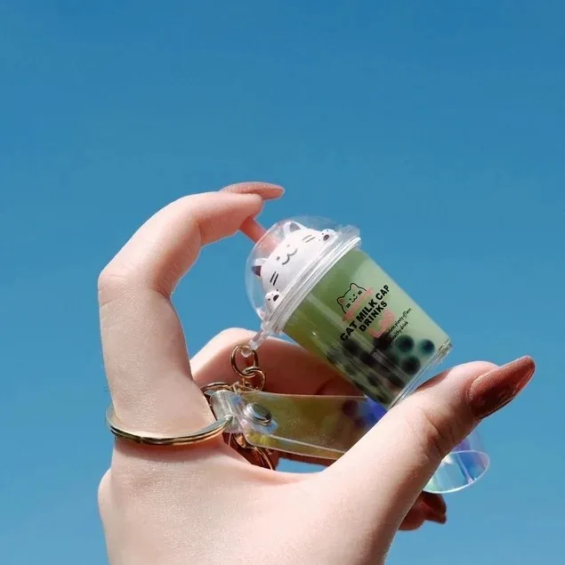 Cute Novelty Style Liquid Meow Boba Tapioca Black Pearl Milk Bubble Tea Mini Cup Drink Kawaii Cat Charm Quicksand Keychain