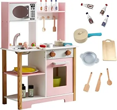 Toy Kitchen Wooden Kids Paly Kitchen Cooking Set with 10 PCS Kitchen Accessories Toy Pretend Play Food Toys for 3+ Year Old Boys