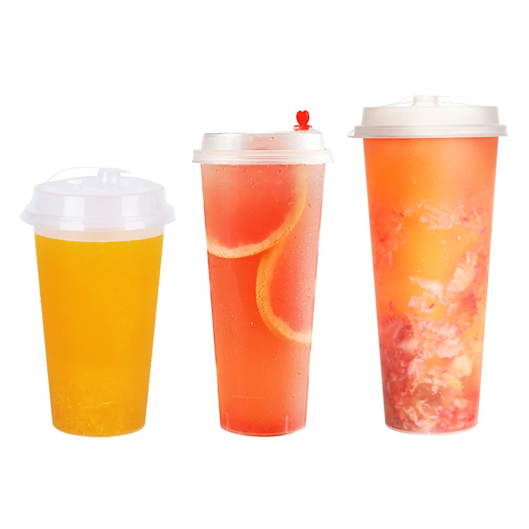 wholesale Disposable 500ml 700ml juice bubble tea cups holographic rainbow film plastic cup with lids