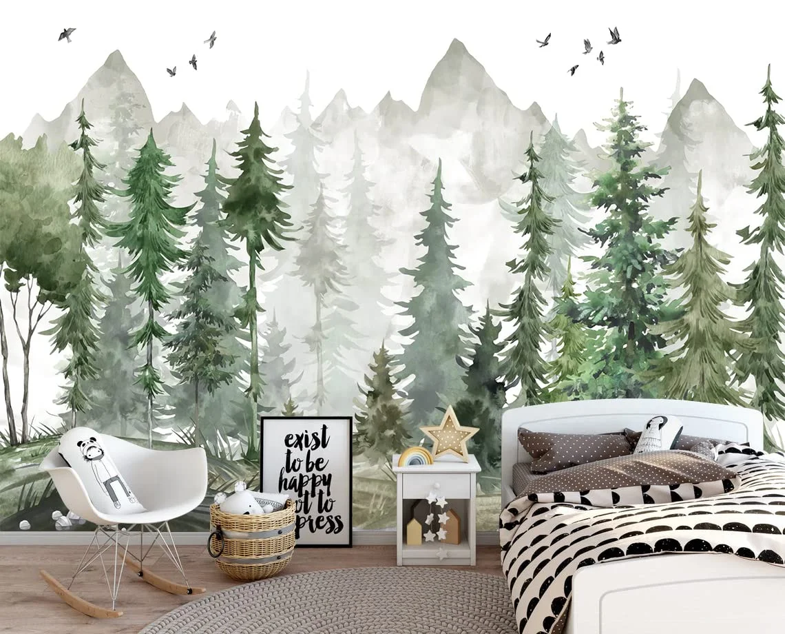 Green Forest Wall Mural Watercolor Woodland 3d Wallpaper for Living Room Bedroom