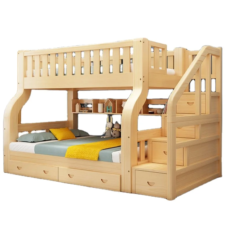 SeaMind Solid Wood ladder cabinet High-Low Mother-Child Bed  Double-Decker Bunk Bed with Upper/Lower Berth Two-Layer Wardrobe