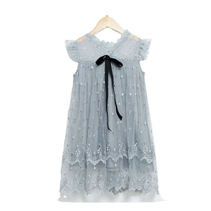 Products Girls Summer Design Latest Sleeveless Lace Flower Gauze Veil Pendulum Butterfly Ribbon Decoration Dresses