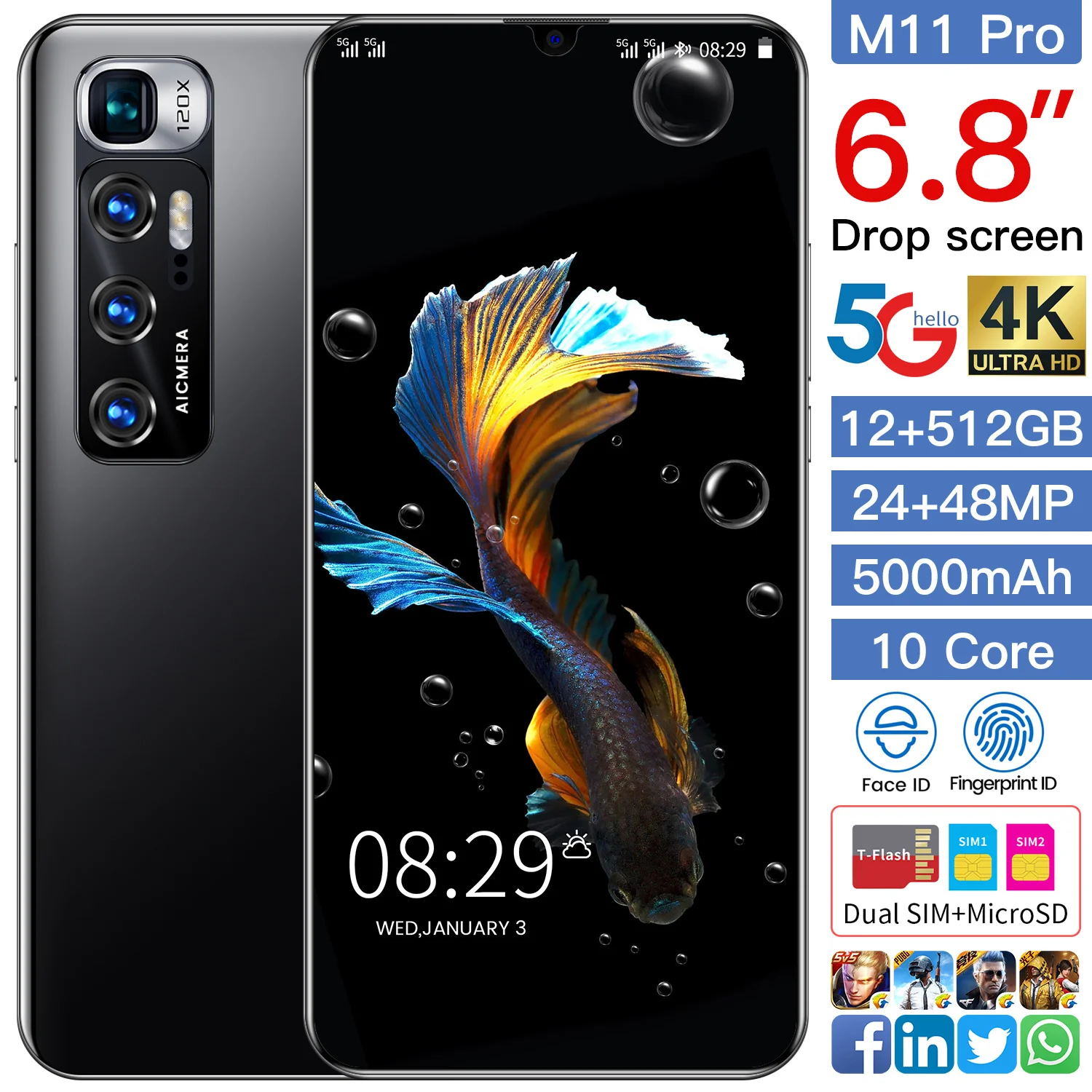  Разблокированный смартфон M11 Pro с функцией распознавания лица и двумя SIM-картами Android 2021 12 Гб + 10 0 ГБ 512 дюйма новинка 6