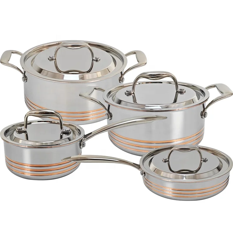 Premium Kitchen Cooking Pot with Steel Lid 8 Piece 5Ply Stainless Steel Copper Core Cookware Set