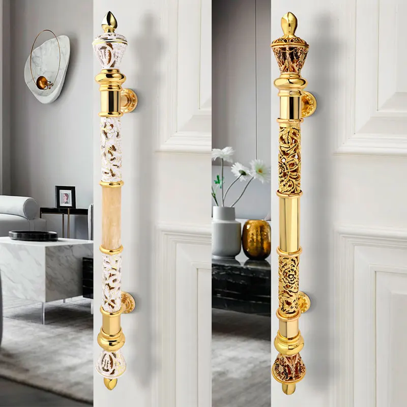 Hollow out light luxury golden wooden door handle hotel lobby glass door handle European luxury villa entrance door large handle