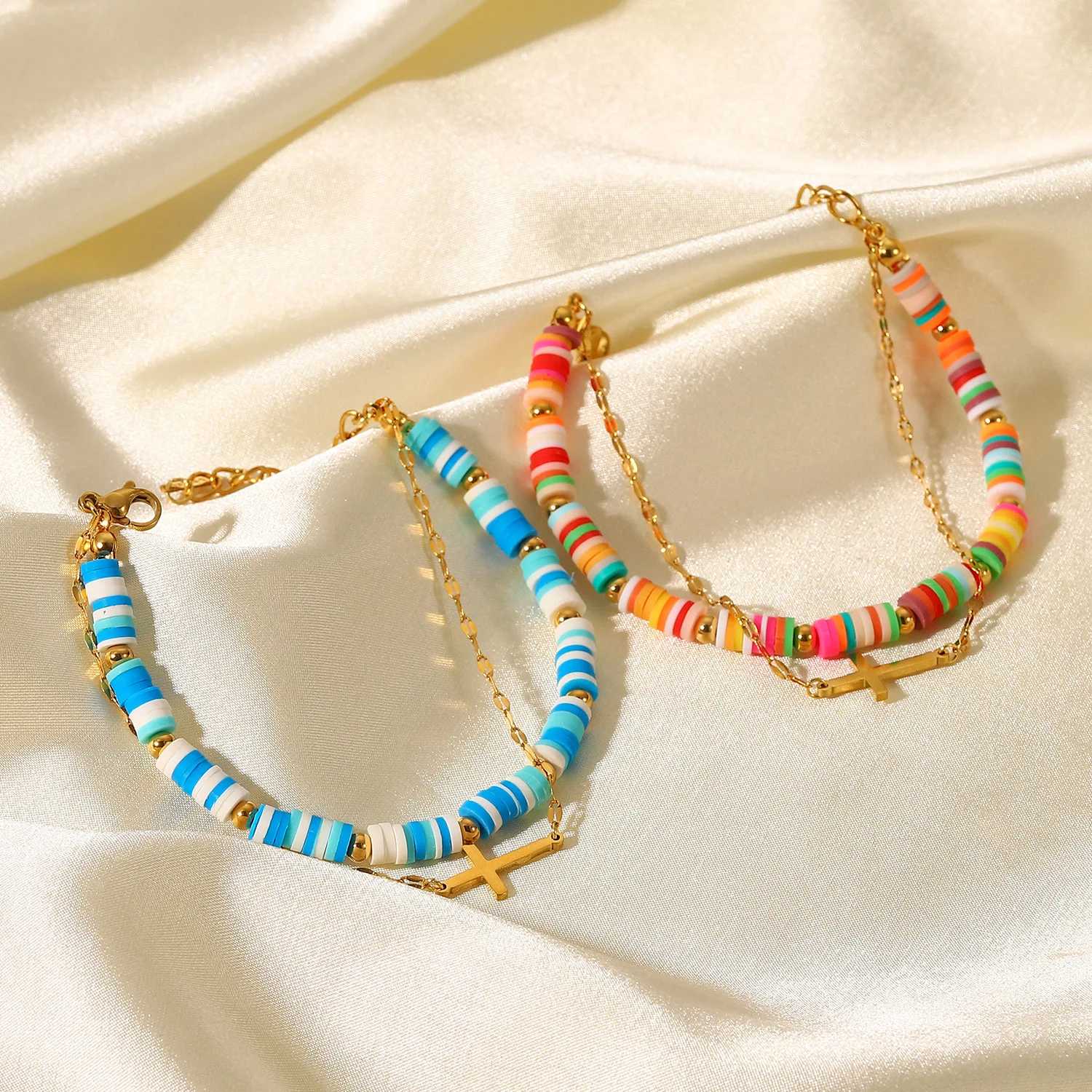 New Fashion 18K Gold Lovely Color Soft Ceramic Pink Blue Colourful  Double Chain Cross Zircon Beads Elements Bracelet For Women