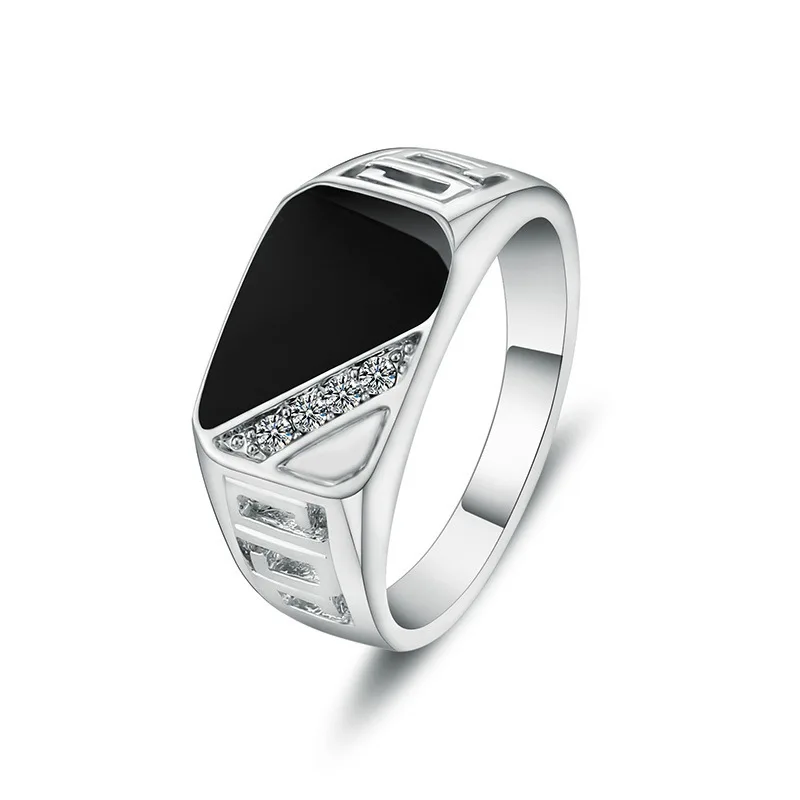 Fashion Male Jewelry Classic Gold Rhinestone Wedding Ring Black Enamel Rings for Men Christmas Party Gift