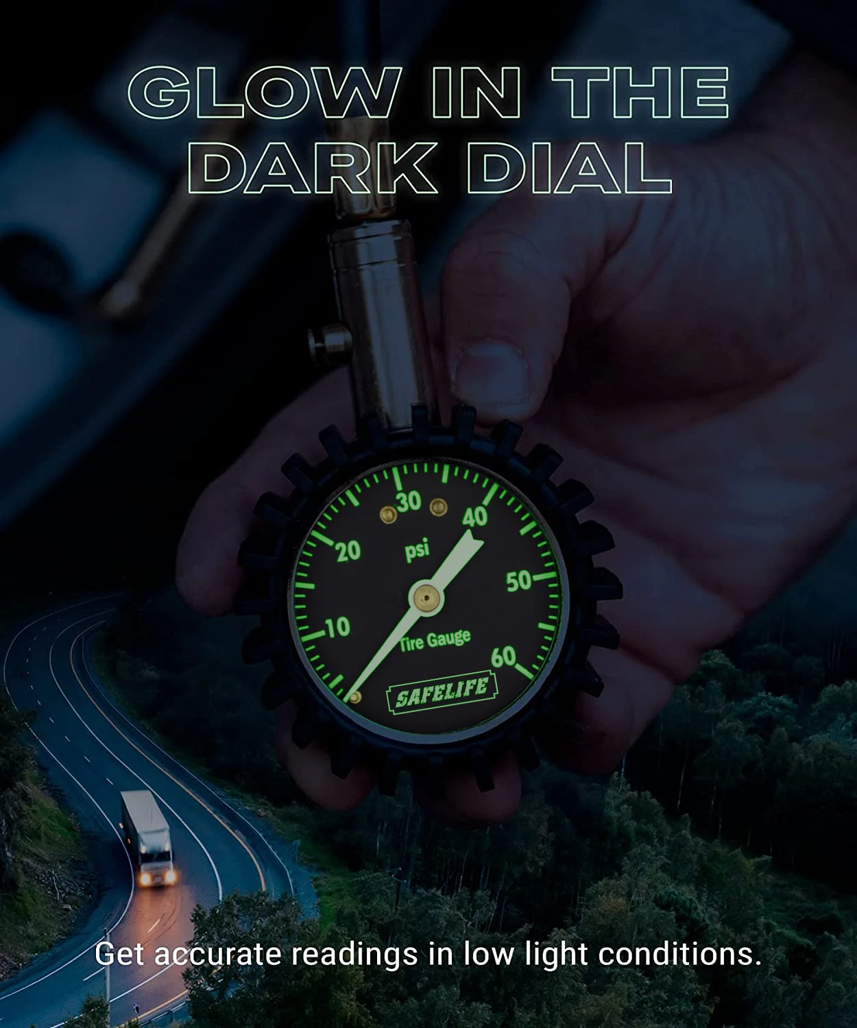 Tire Pressure Gauge, Glow Dial Gauge with Flexible Hose Air Chuck, 0-60 PSI Tire Gauge for Car Truck Bicycle Motorcycle