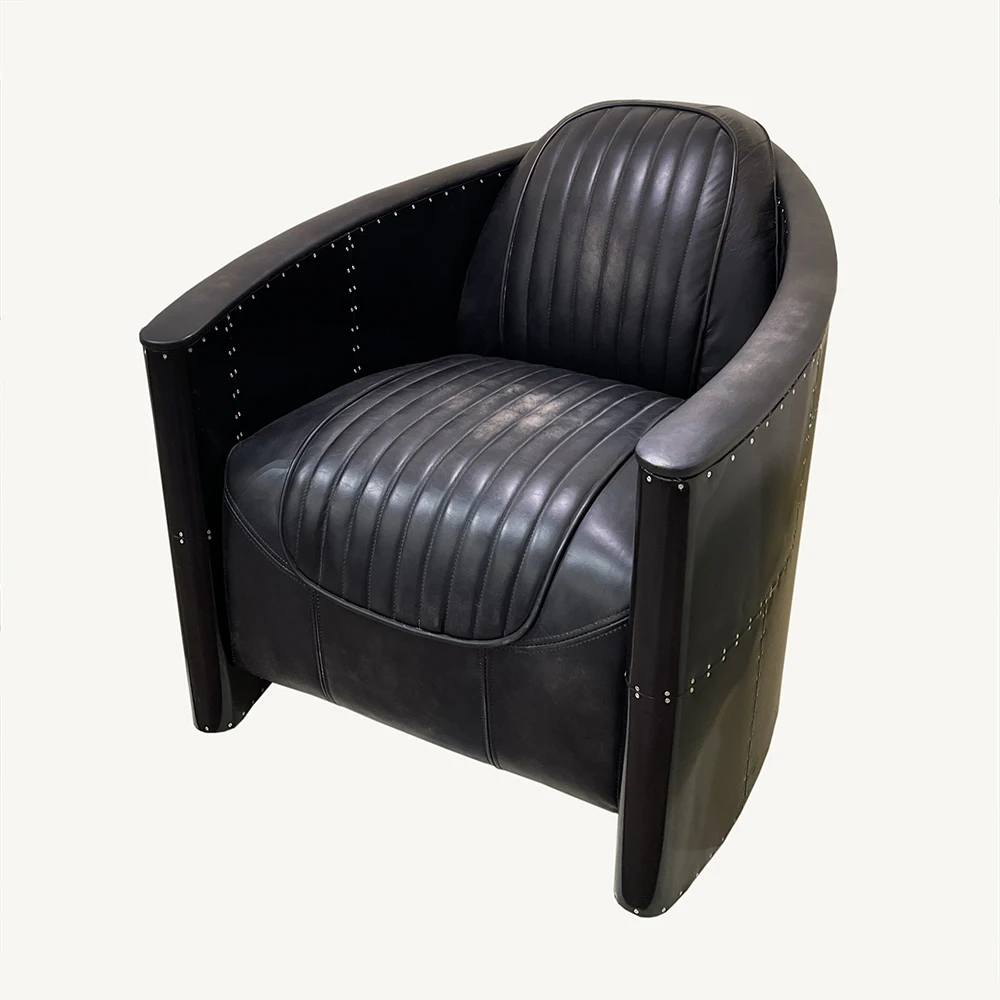 Retro Vintage Black Aluminium Aviator Chair Genuine Leather Tomcat armchair