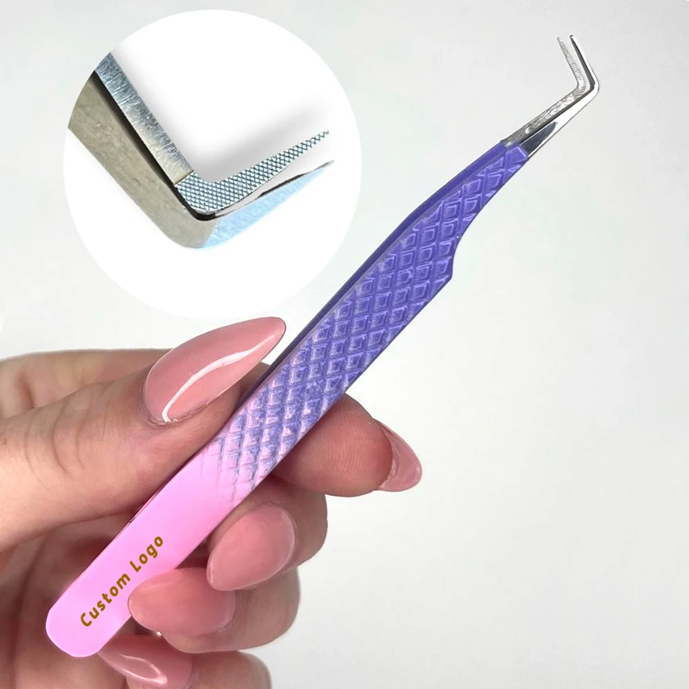 Print Logo Fiber Tip Eyelash Tweezers 45 75 90 Degree Nano Grip Tweezers Custom Private Label Lash Extension Tweezers