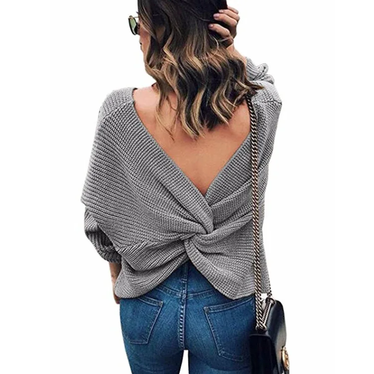 Best Design V Neck Long Sleeve Cropped Korea Back Twist Sweater