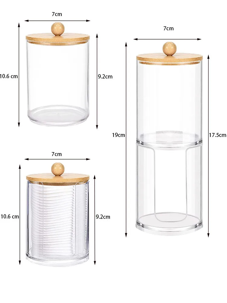 Cosmetic Organizer Acrylic Qtip Holder with Bamboo Lid Transparent Small Cotton Swab Dispenser Toothpick Storage Container