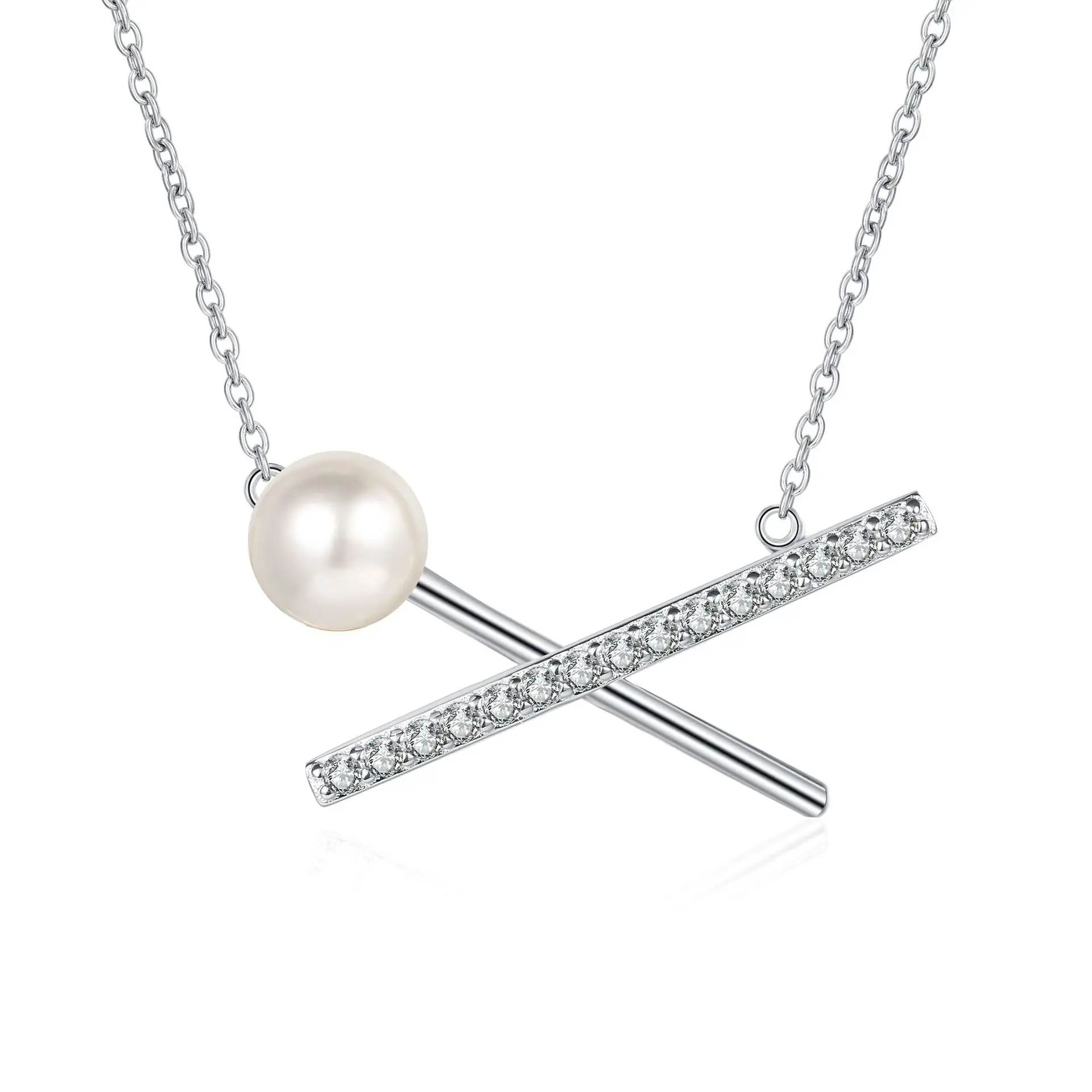 S925 Sterling Silver Moissanite Diamond Cross Necklace with Premium Pearl for Wedding Engagement or Gift