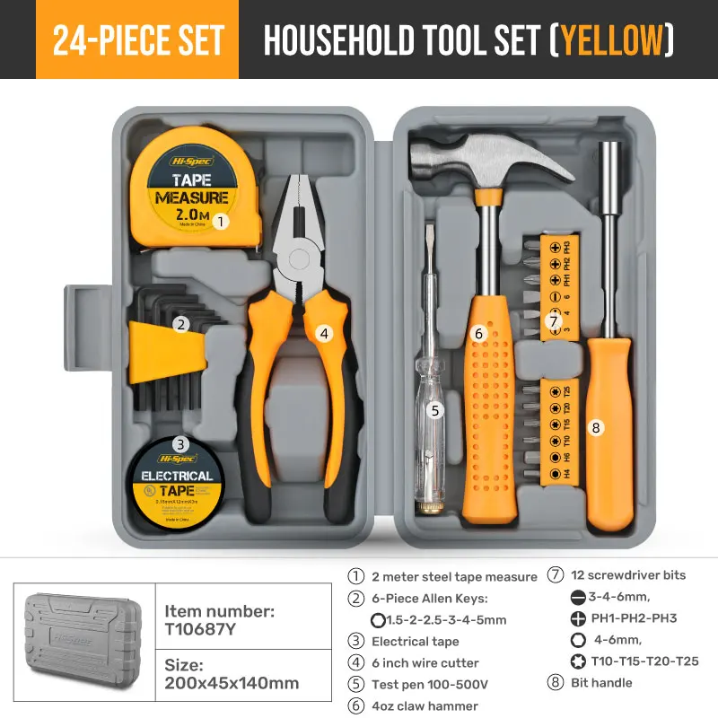 24pc Yellow Small Compact Home Repair Basic Hand Tool Kit Box Set. Household Handyman Hex Keys, Pliers & Screwdrivers. OEM Ready