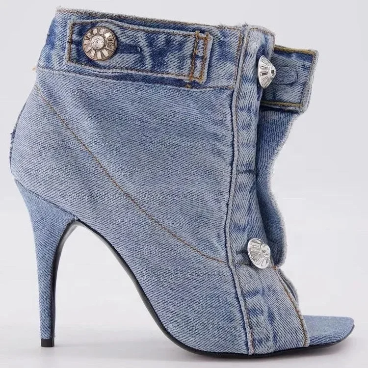 Summer Square Open Toe High-Heeled Short Boots Denim Ankle Booty Women Stiletto Sandals Front Buckles Jeans Shoes
