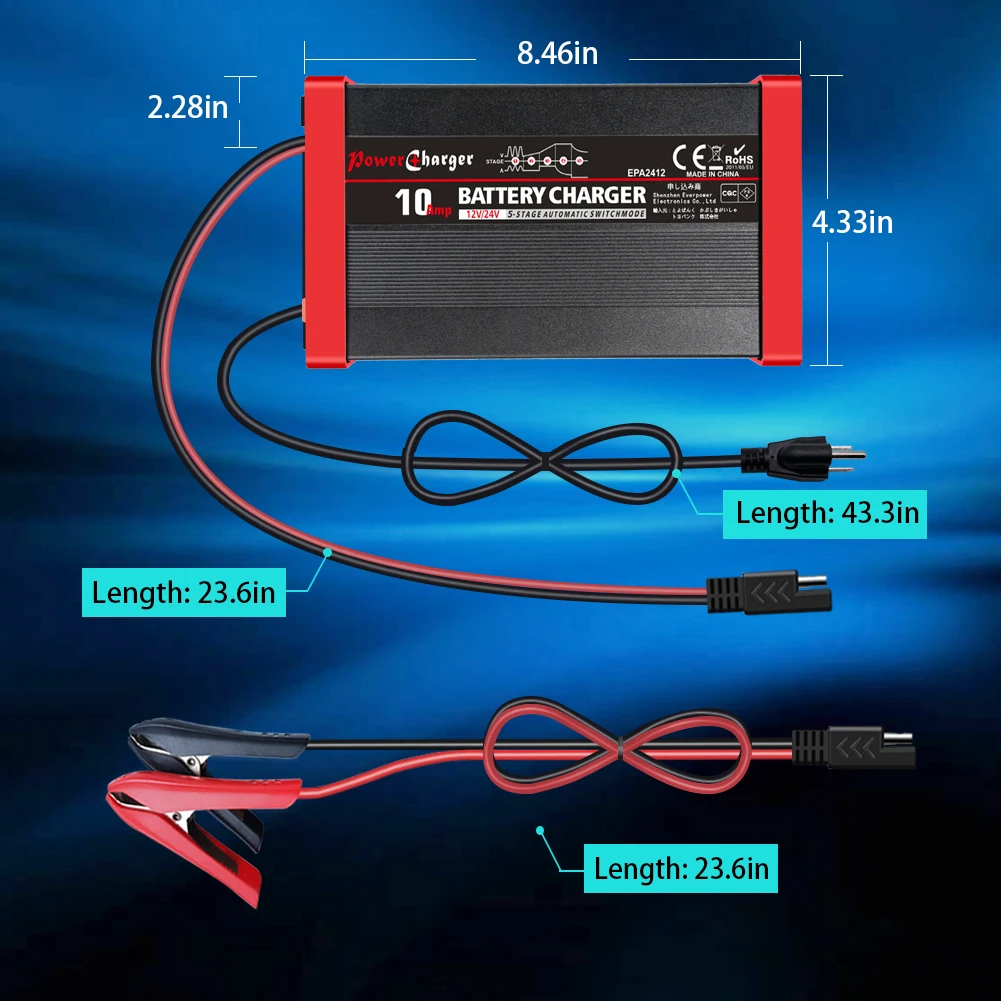 12/24V 10Amp Auto 5 stage  GEL AGM WET battery charger 12v 24v smart car battery charger