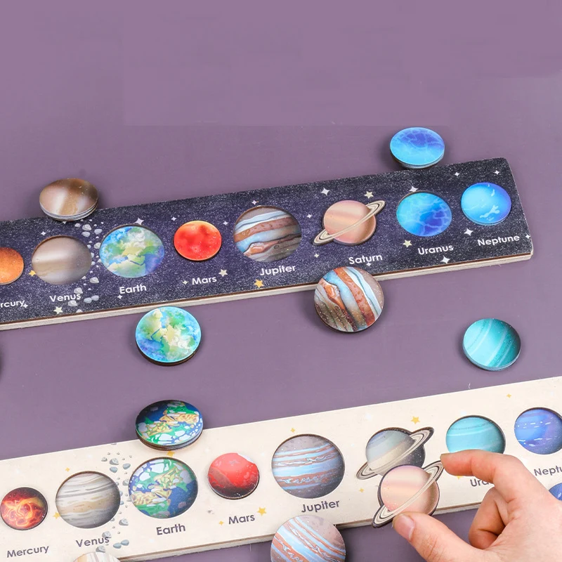 Wooden Educational 8 Planets Puzzle Board Game For Kids Solar System Cognition Learning Toys For Baby