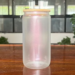 Beer Can Glass with Lids and Straw, Bamboo Top Cover, Reusable Drinking Glasses, Tumbler for Travel Office Home, Ice Tea,Coffee,