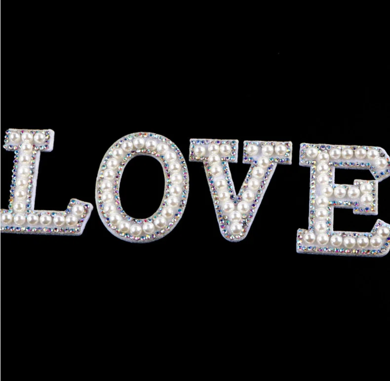 Custom Pearl Alphabet Iron On Embroidered Crystal Rhinestone Beaded Patches Motifs Applique Sequin Bead Letter Patch For Fashion