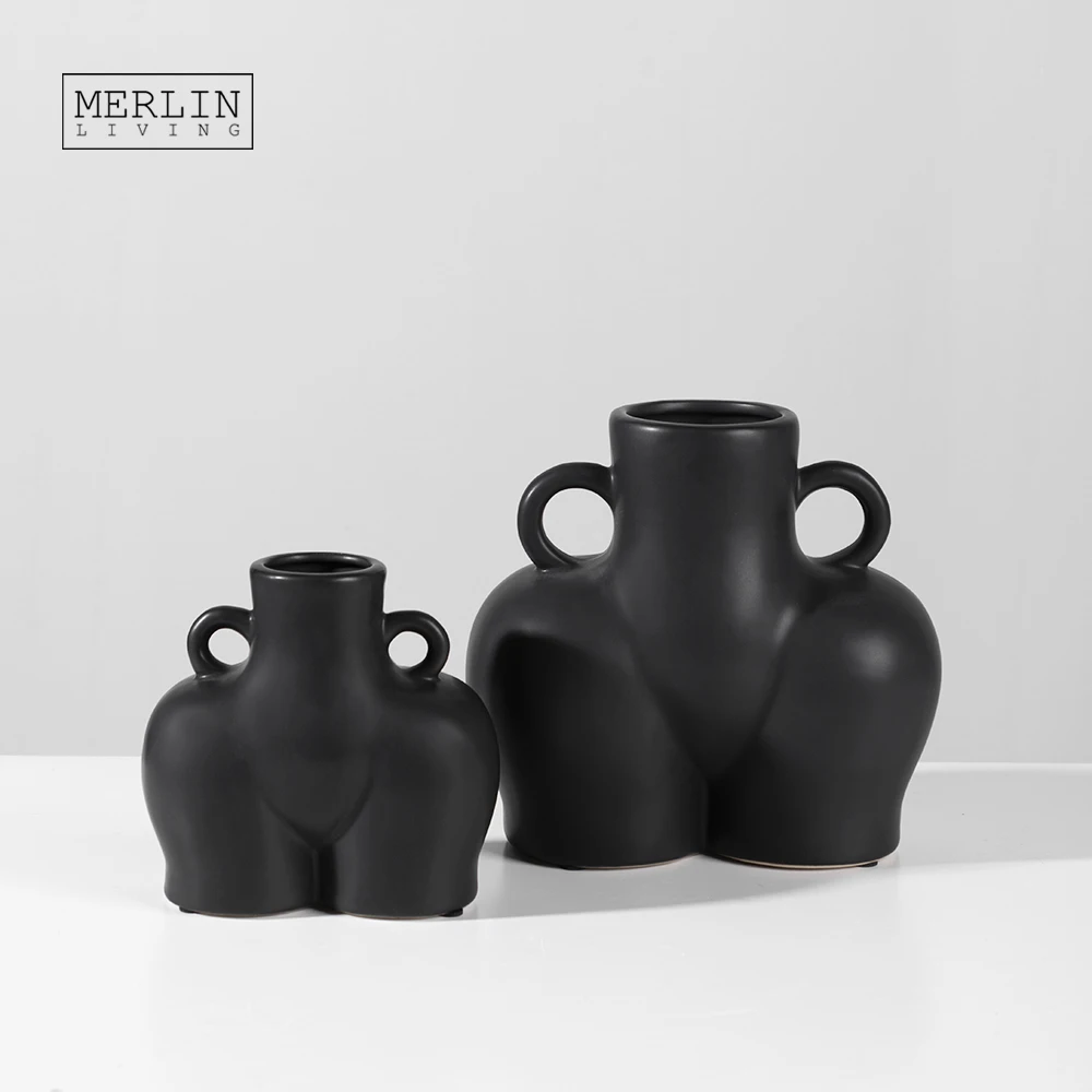 Merlin Living Matte Human Body Sculpture Ceramic Nude Art Butt Vase Modern Home Decor Vase Modern for Black Vase Decoration