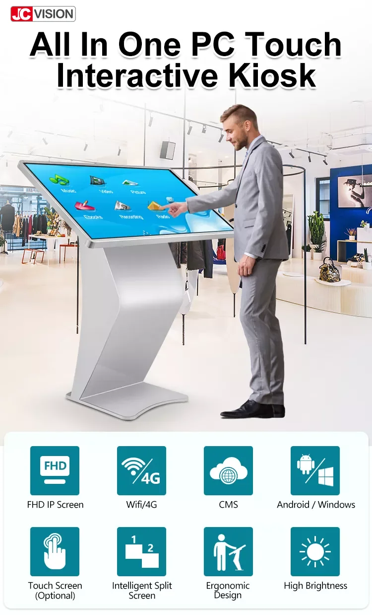 JCVISION 43 55 Inch horizontal self-service windows display touch screen information kiosk for restaurant
