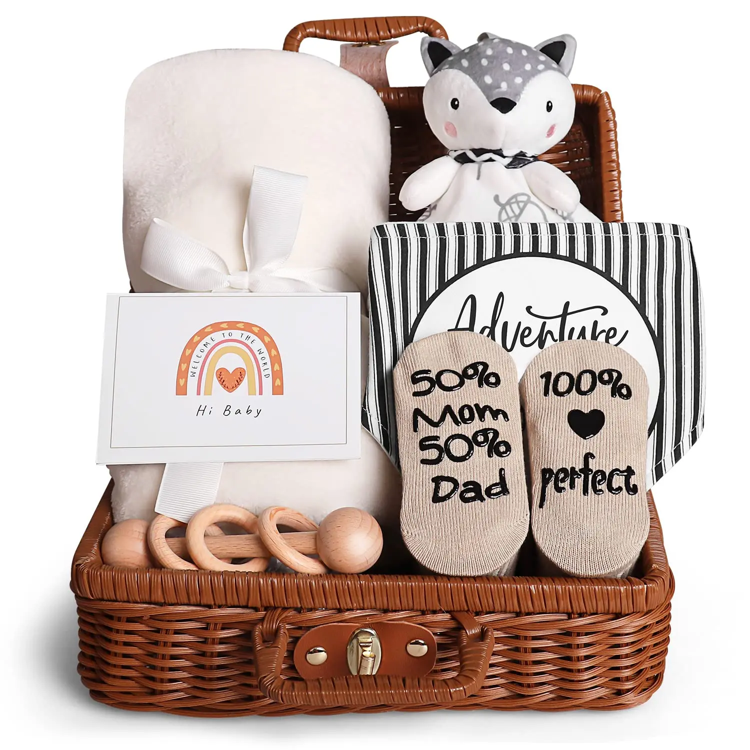 Baby Shower Gifts Basket Essential Stuff Baby Lovey Blanket Newborn Bibs Socks Wooden  Greeting Card Newborn Baby Gift Set