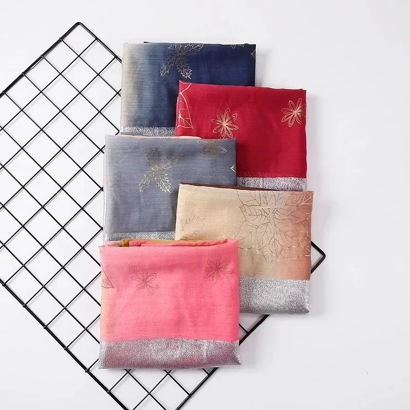 Fashion Malay Tudung Bawal Ladies Satin Silk Gold Stamping Hijab Scarf Double Color Stitching Headscarf Shawl