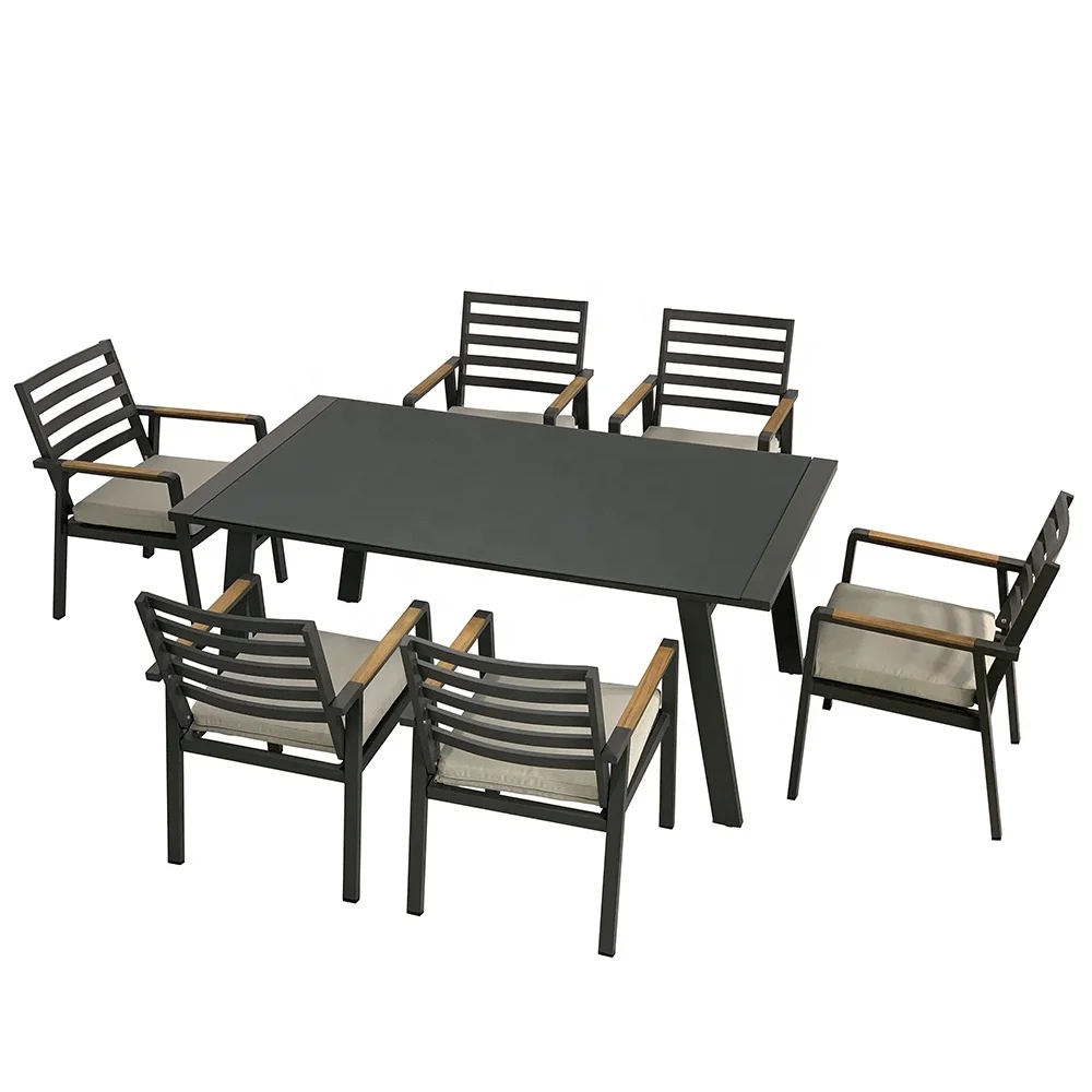 7PCS Aluminum Teak Wood Outdoor Garden Patio Furniture Metal Rectangular Dining Table And Chairs Sets 6 Seat Dining Set