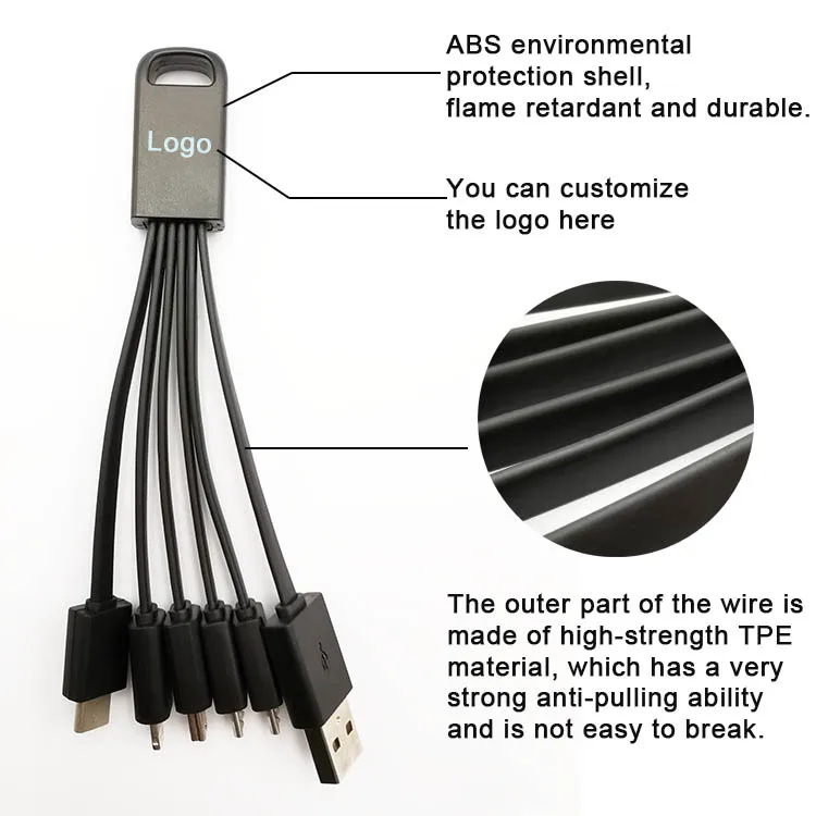 Micro Keychain Multiple 4 In 1 Charging Cable Portable Cell Phone Usb Charger With 3 Lights Cable