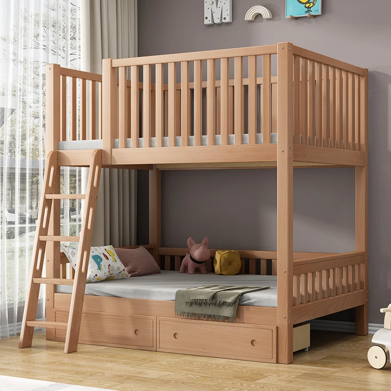 Children Safe Beech Bedroom Kids Bunk Bed  Set bed Loft Bed
