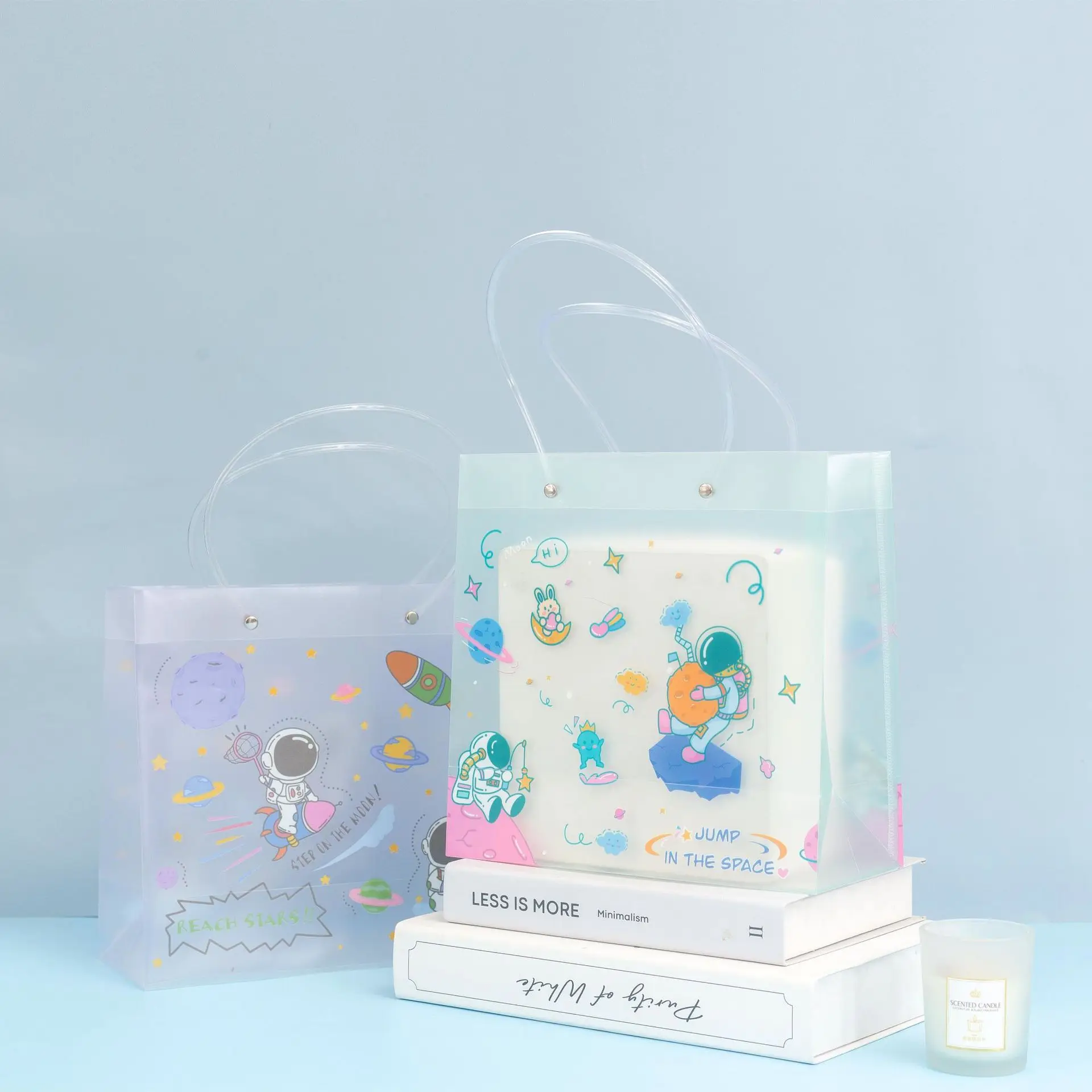 Custom Outer Space Gift Bags Clear Reusable Plastic Christmas Gift Wrap Tote Bags with Handle for Kids Boys Girls