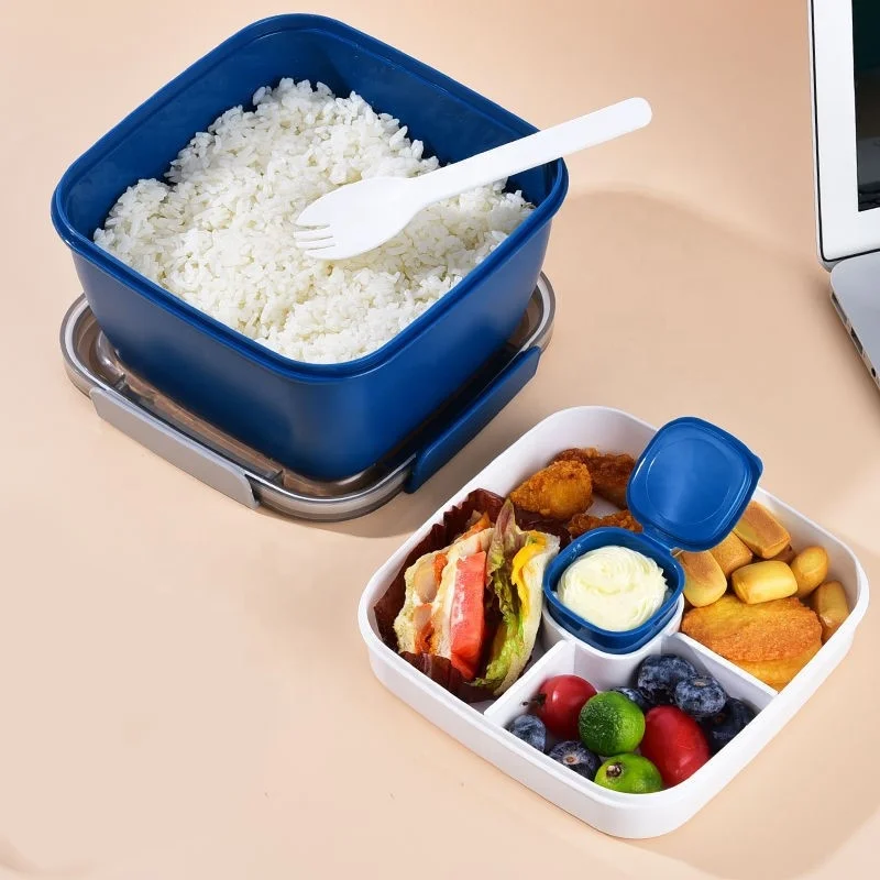 Portable Salad Lunch Container Salad Bowl 3 Compartments BPA-Free Lunch Box With Dressing Cup,Large Bento Box Lunch Box Plastic