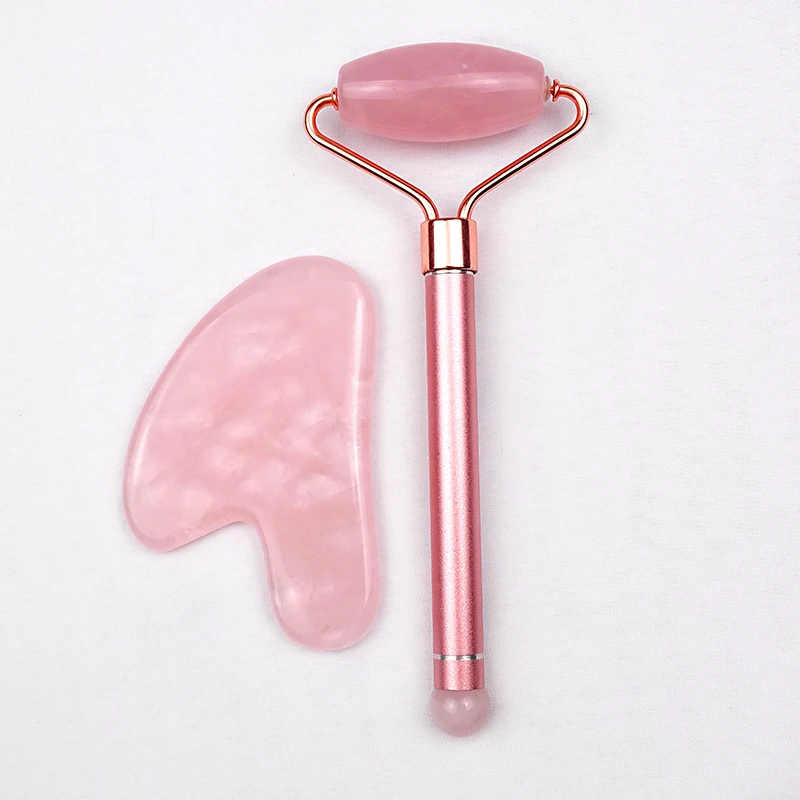 Facial massager roller pink crystal jade roller stone slimming massage tool rose quartz jade roller gua sha set