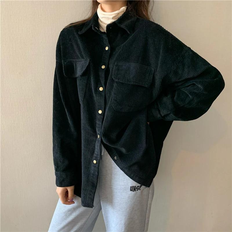 Droma Korean Style Retro Loose Corduroy Shirt Solid Color Bat Sleeve Thickened Female Jacket Coat