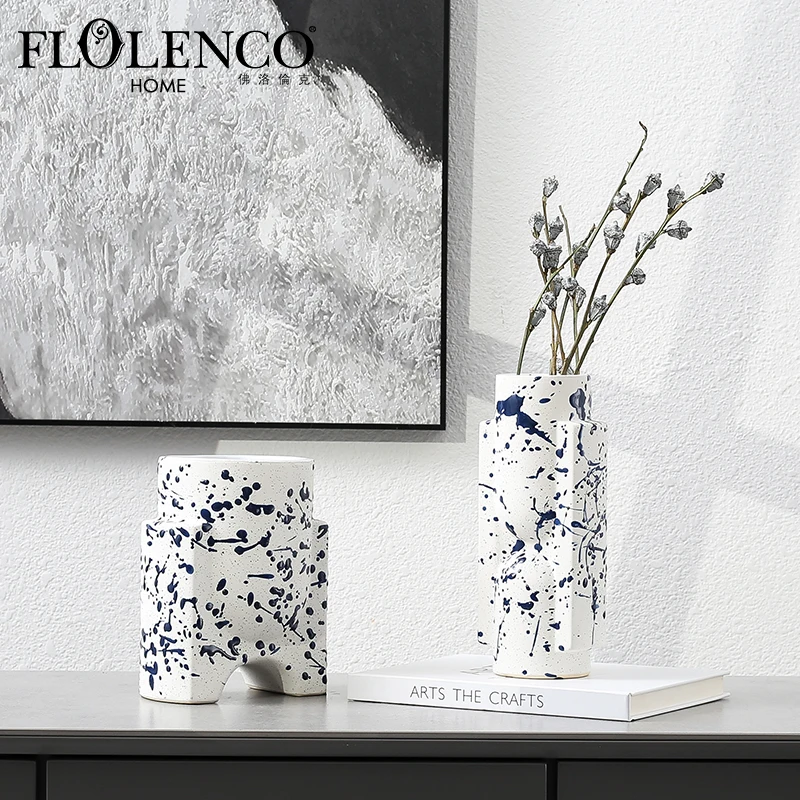Flolenco Modern Vintage White and Blue Ceramic Vase for Home Decor Porcelain Decoration Flower Vase