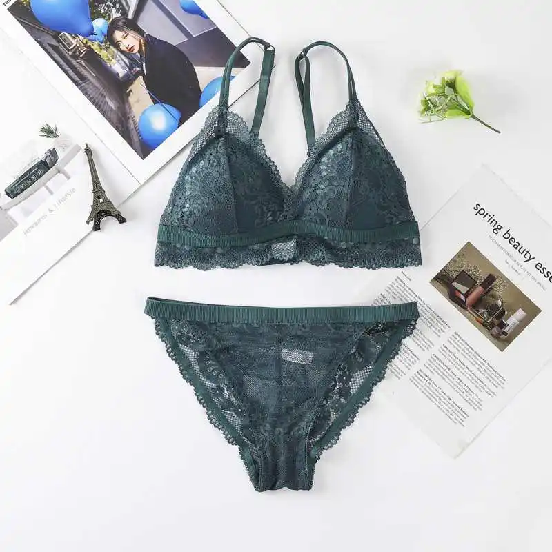 Hot Selling French Style Triangle Cup Back Closure Tube Top Bralette Suit No Steel Ring Sexy Wrapped Chest Ladies Lace Bra Set