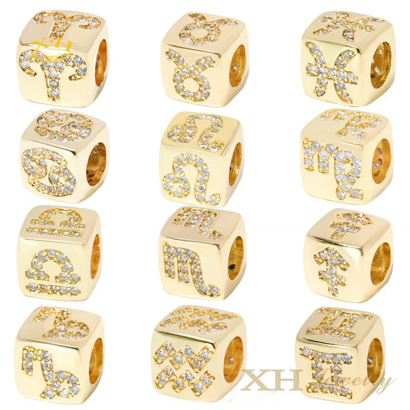 12 Square Shape Brass Spacer Beads Zodiac Sign Horoscope Beads for DIY Jewelry Making