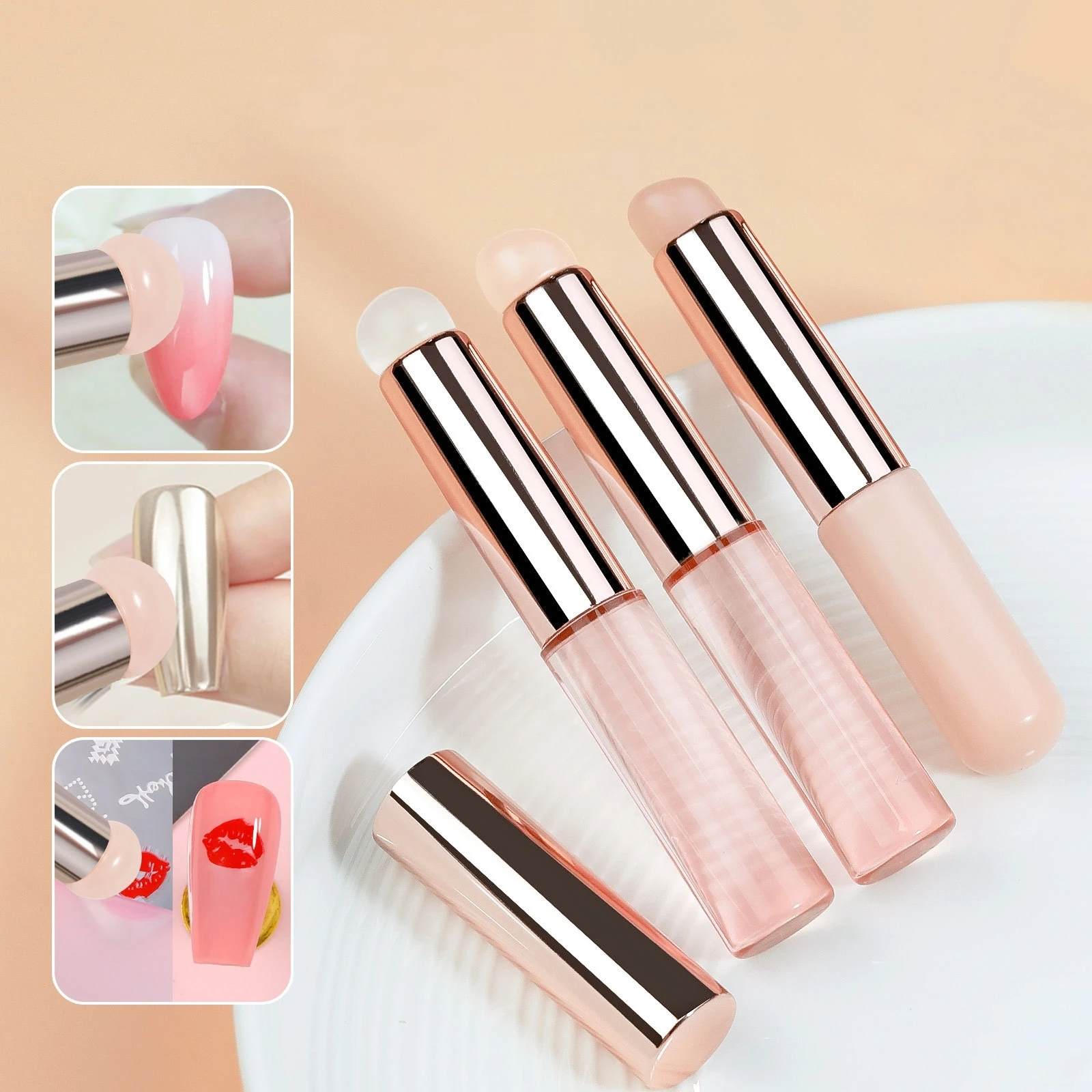 Nail Salon Pink Reusable Nail Art Stamper Transfer Tools Apply Powder Gradient Effect Lipstick Shaped Silicone Brush